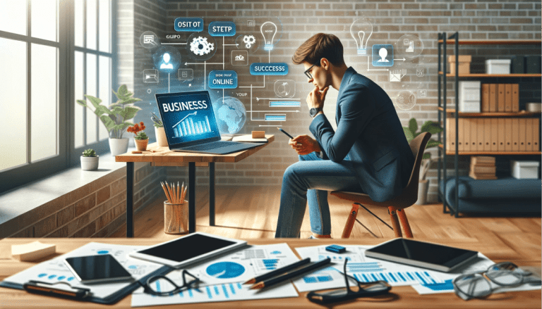 "Illustration of a person launching a new business online with various digital tools and icons representing website development, social media, SEO, content creation, and email marketing.