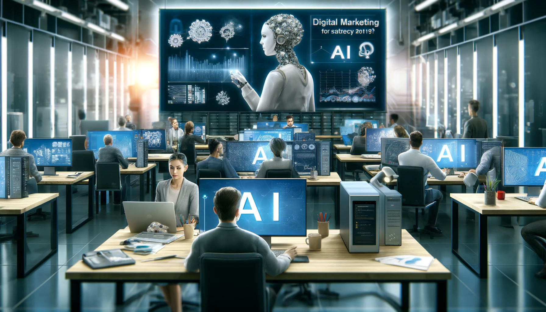 Illustration of AI-powered tools enhancing digital marketing strategies with data analysis, personalized content, predictive analytics, chatbots, and dynamic pricing.